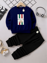 Kids' Graphic Crewneck Sweatshirt & Black Jogger Set – Cozy 2-Piece Fall/Winter Tracksuit AZ-1166