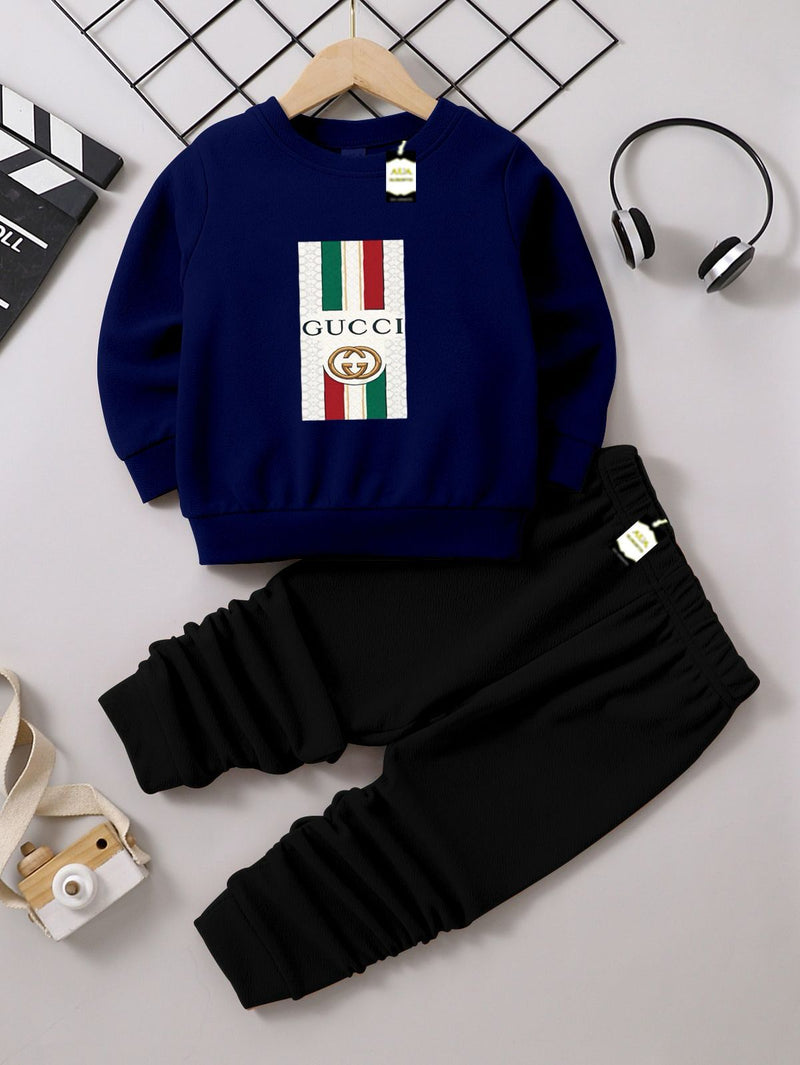 Kids' Graphic Crewneck Sweatshirt & Black Jogger Set – Cozy 2-Piece Fall/Winter Tracksuit AZ-1166