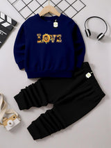 Kids' Graphic Crewneck Sweatshirt & Black Jogger Set – Cozy 2-Piece Fall/Winter Tracksuit AZ-1166