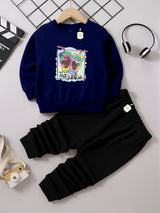 Kids' Graphic Crewneck Sweatshirt & Black Jogger Set – Cozy 2-Piece Fall/Winter Tracksuit AZ-1166
