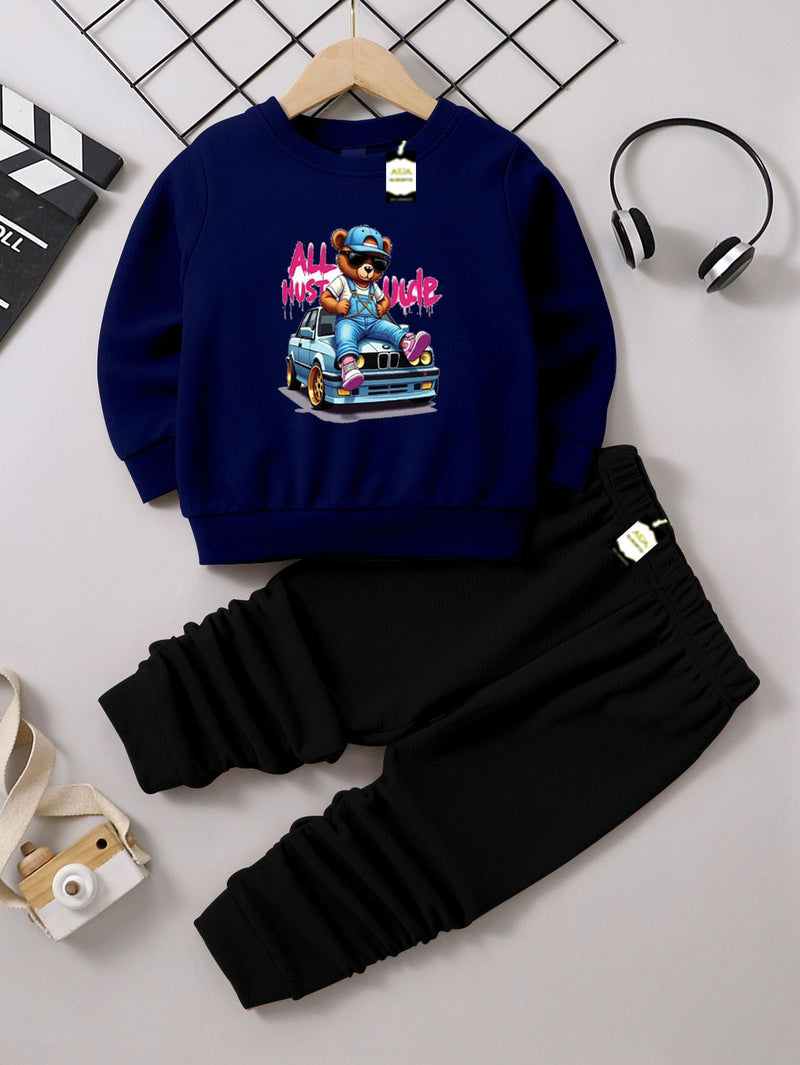 Kids' Graphic Crewneck Sweatshirt & Black Jogger Set – Cozy 2-Piece Fall/Winter Tracksuit AZ-1166