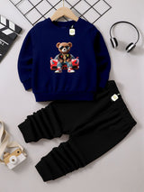 Kids' Graphic Crewneck Sweatshirt & Black Jogger Set – Cozy 2-Piece Fall/Winter Tracksuit AZ-1166