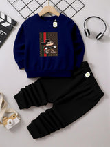 Kids' Graphic Crewneck Sweatshirt & Black Jogger Set – Cozy 2-Piece Fall/Winter Tracksuit AZ-1166