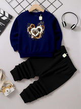 Kids' Graphic Crewneck Sweatshirt & Black Jogger Set – Cozy 2-Piece Fall/Winter Tracksuit AZ-1166