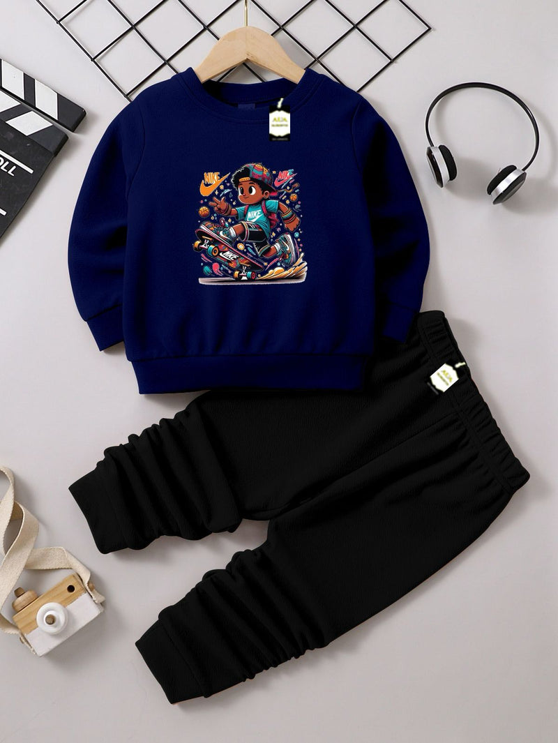 Kids' Graphic Crewneck Sweatshirt & Black Jogger Set – Cozy 2-Piece Fall/Winter Tracksuit AZ-1166