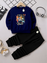 Kids' Graphic Crewneck Sweatshirt & Black Jogger Set – Cozy 2-Piece Fall/Winter Tracksuit AZ-1166