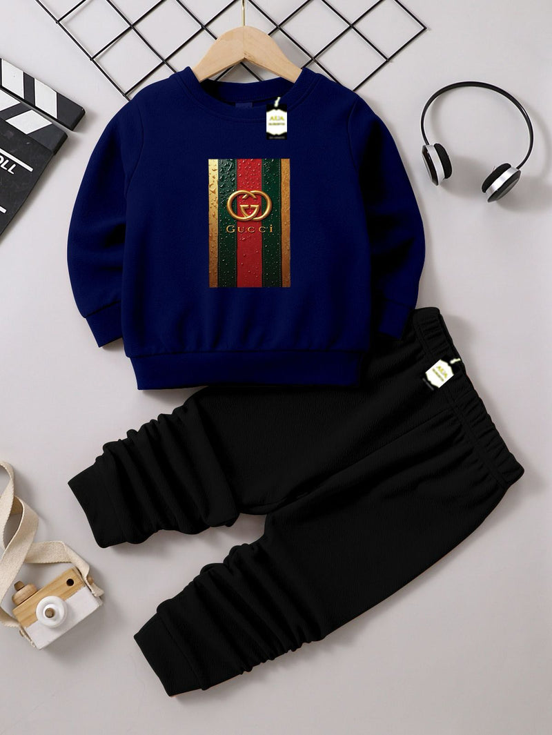 Kids' Graphic Crewneck Sweatshirt & Black Jogger Set – Cozy 2-Piece Fall/Winter Tracksuit AZ-1166