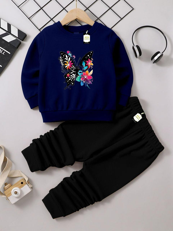 Kids' Graphic Crewneck Sweatshirt & Black Jogger Set – Cozy 2-Piece Fall/Winter Tracksuit AZ-1166