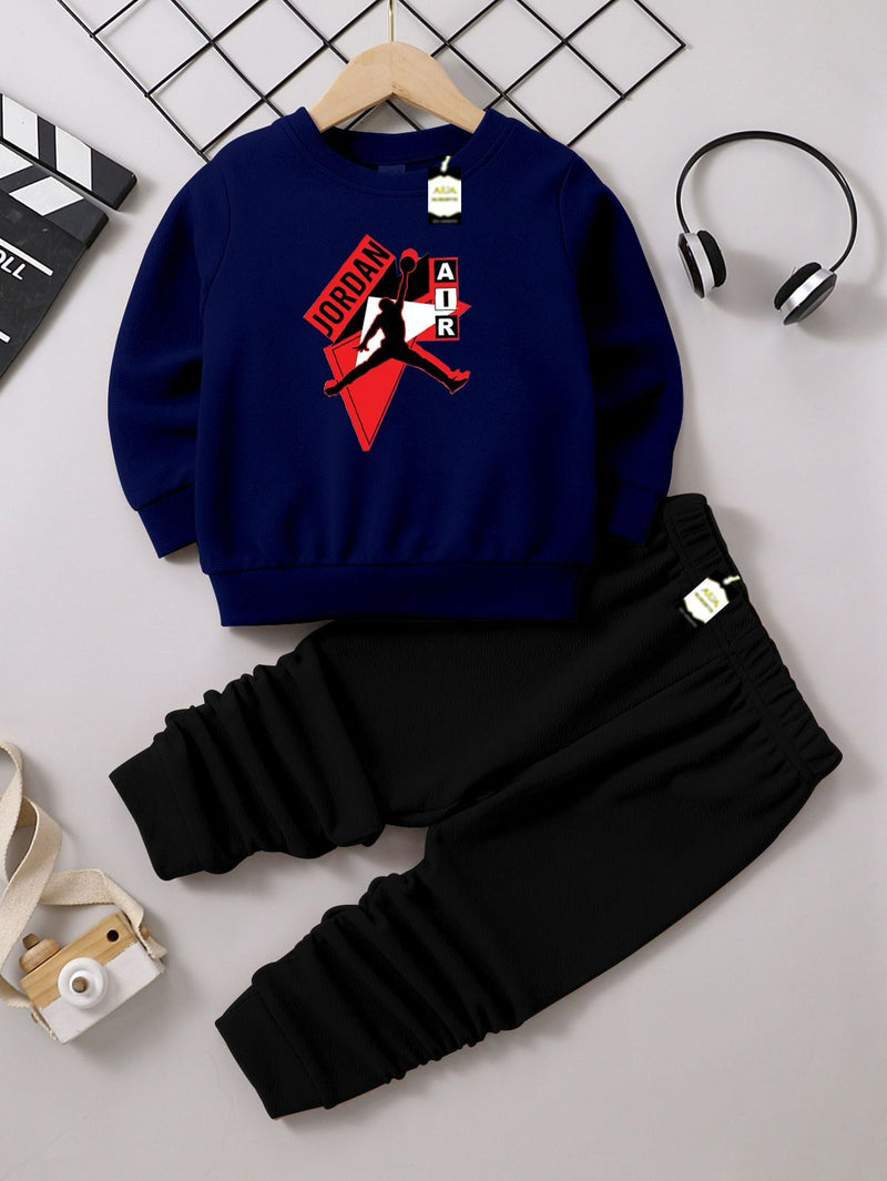 Kids' Graphic Crewneck Sweatshirt & Black Jogger Set – Cozy 2-Piece Fall/Winter Tracksuit AZ-1166