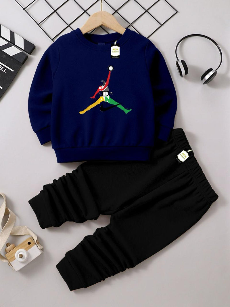 Kids' Graphic Crewneck Sweatshirt & Black Jogger Set – Cozy 2-Piece Fall/Winter Tracksuit AZ-1166