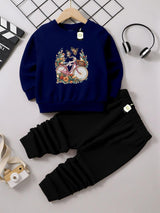 Kids' Graphic Crewneck Sweatshirt & Black Jogger Set – Cozy 2-Piece Fall/Winter Tracksuit AZ-1166