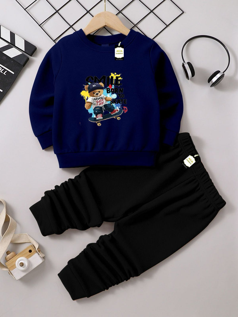 Kids' Graphic Crewneck Sweatshirt & Black Jogger Set – Cozy 2-Piece Fall/Winter Tracksuit AZ-1166