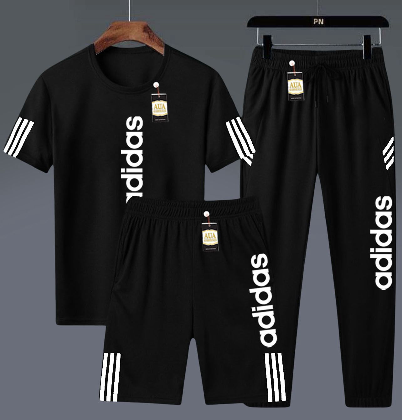 Men's 3-Piece Black Adidas-Inspired Athletic Set: T-Shirt, Shorts, and Jogger Pants AZ-4460