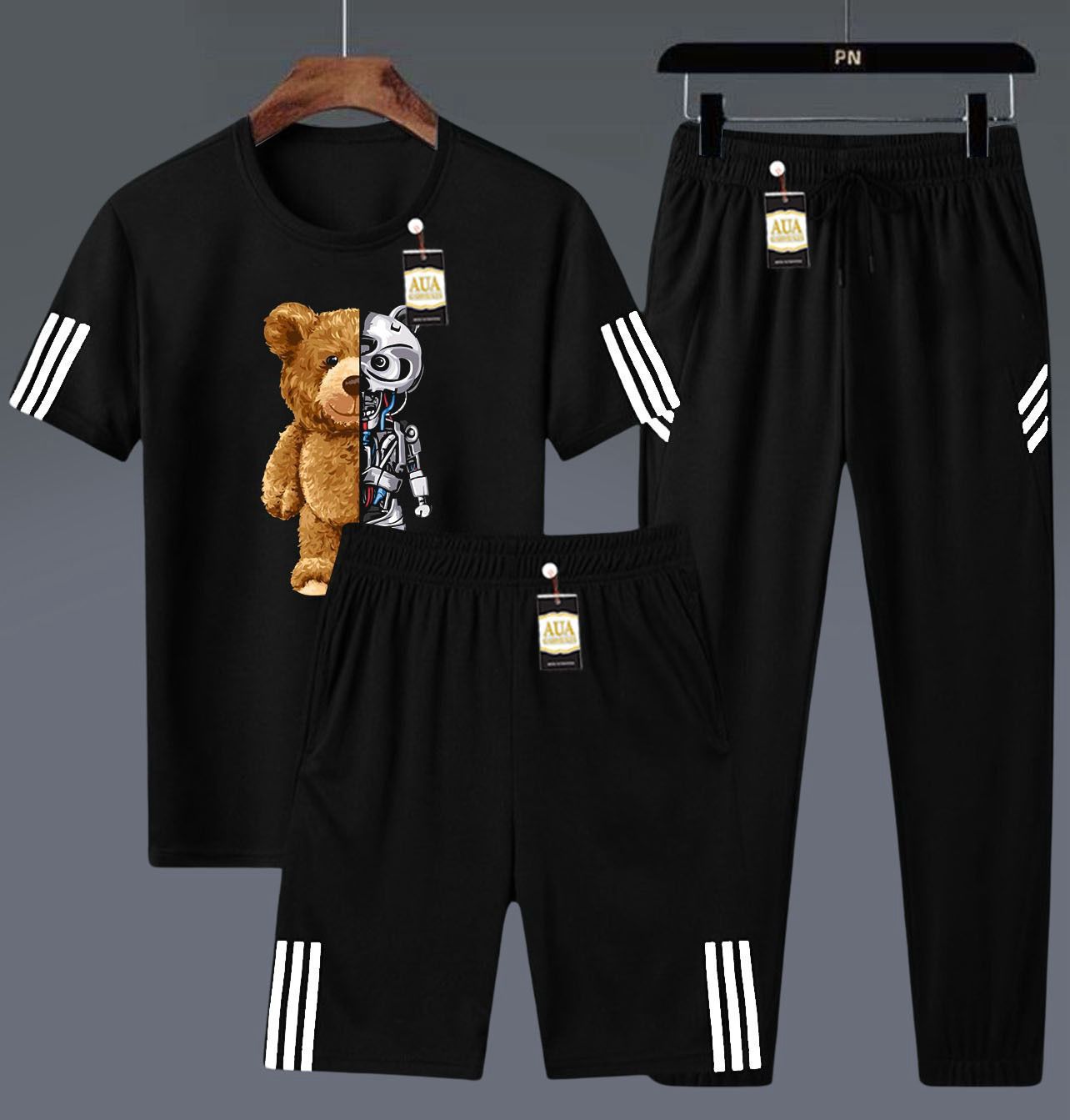 Men's 3-in-1 Graphic Print Black Athletic Set: T-Shirt, Shorts, and Jogger Pants AZ-4461
