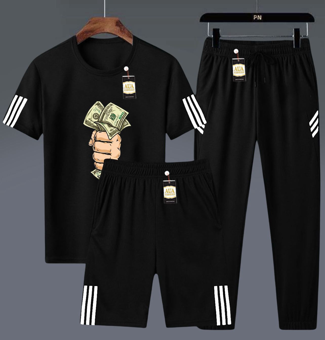 Men's 3-in-1 Graphic Print Black Athletic Set: T-Shirt, Shorts, and Jogger Pants AZ-4461