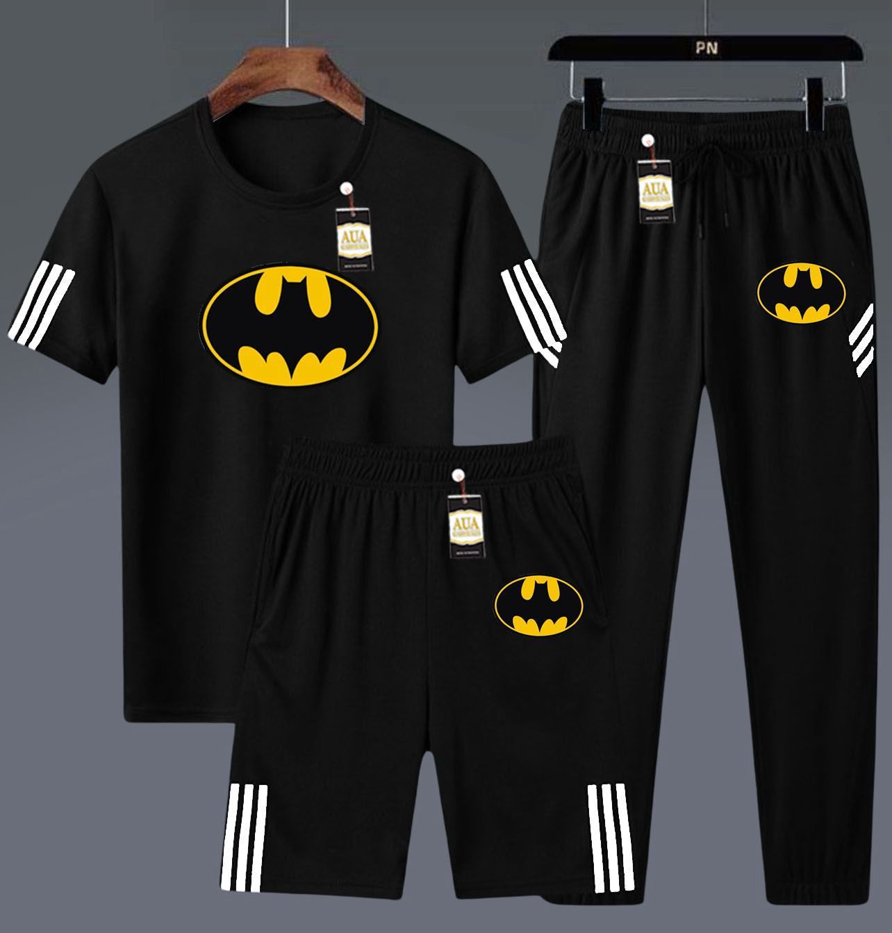 Men's 3-in-1 Pop Culture & Brand-Inspired Black Athletic Set: T-Shirt, Shorts, and Jogger Pants