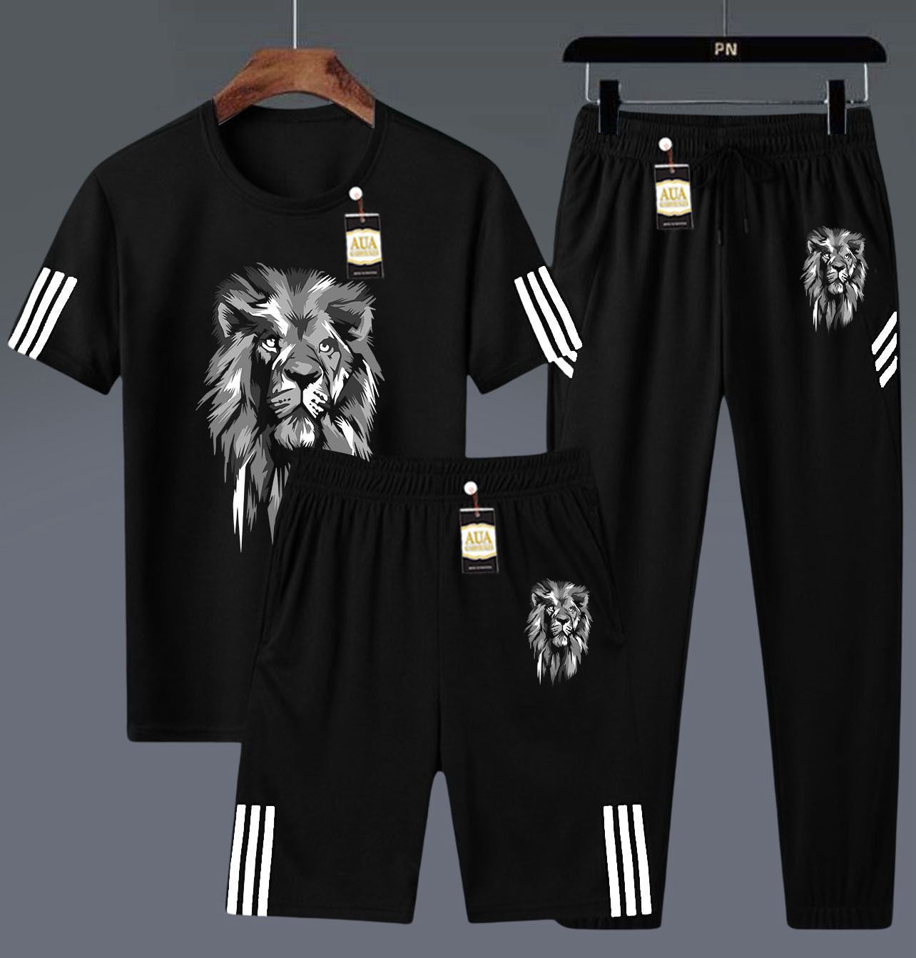 Men's 3-in-1 Graphic Print Black Athletic Set: T-Shirt, Shorts, and Jogger Pants AZ-4461