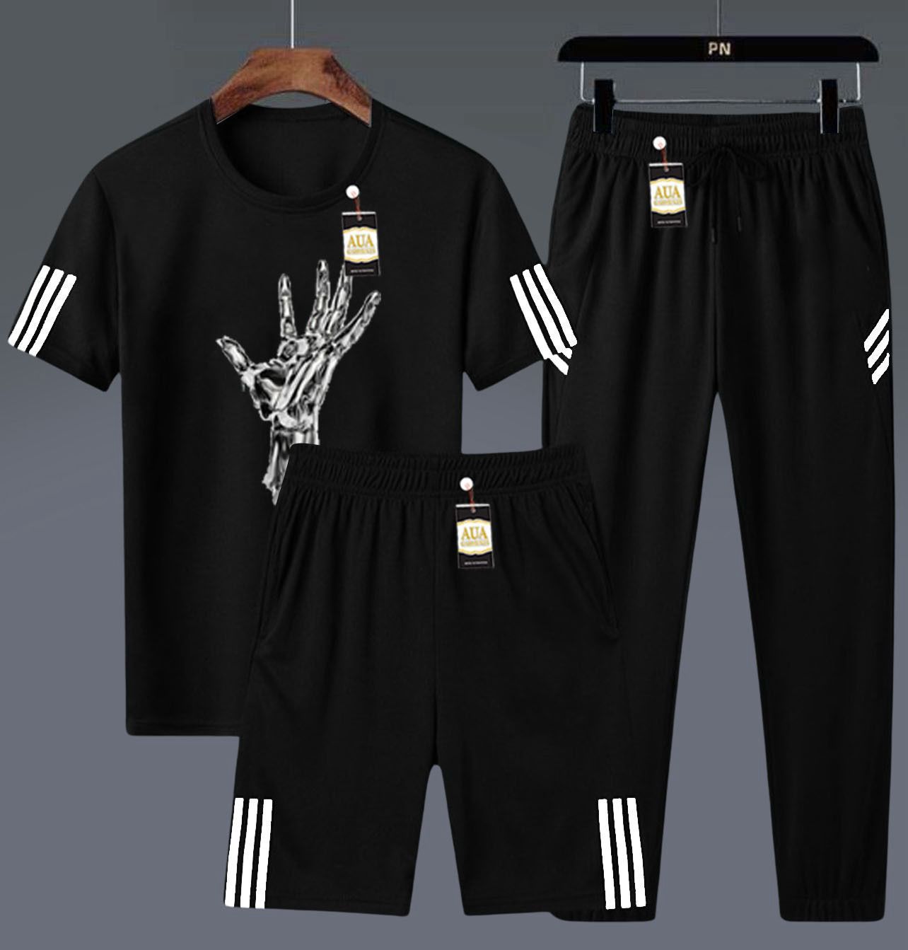 Men's 3-in-1 Graphic Print Black Athletic Set: T-Shirt, Shorts, and Jogger Pants AZ-4461