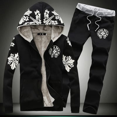 Men's Fleece Lined Full-Zip Hoodie Tracksuit with Decorative Cross/Floral Print AZ-5561
