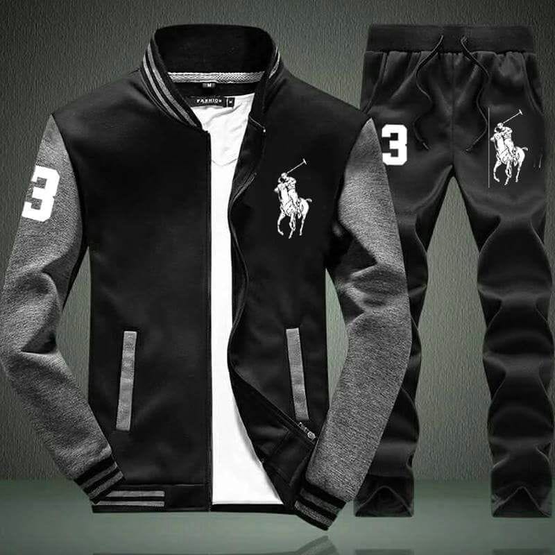 🐎 Men's Contrast-Sleeve Varsity Tracksuit Set with Polo-Style Graphic  AZ-5562