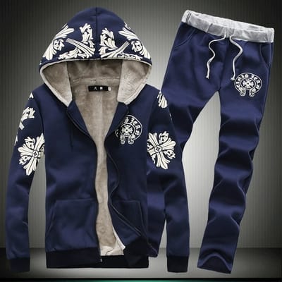 Men's Fleece Lined Full-Zip Hoodie Tracksuit with Decorative Cross/Floral Print AZ-5561
