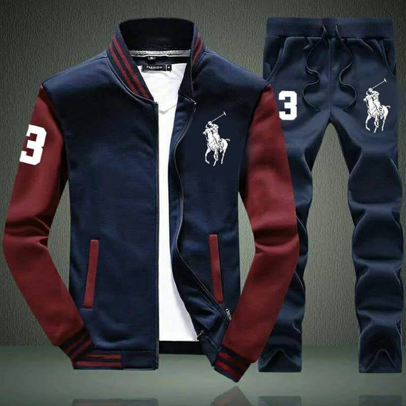 🐎 Men's Contrast-Sleeve Varsity Tracksuit Set with Polo-Style Graphic  AZ-5562