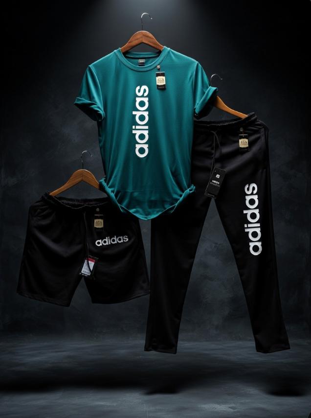 Premium ADIDAS Men’s Sportswear 3-Piece Tracksuit Set – Teal Graphic T-Shirt, Black Trousers & Shorts AZ-8885
