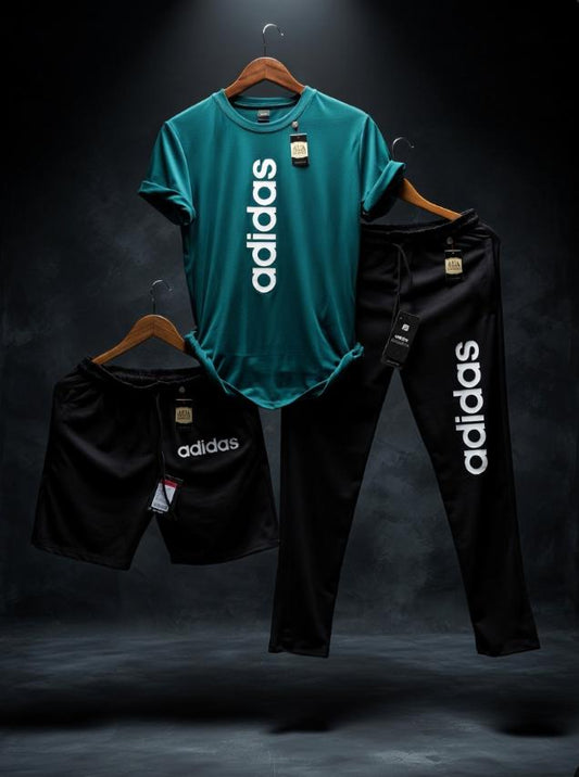 Premium ADIDAS Men’s Sportswear 3-Piece Tracksuit Set – Teal Graphic T-Shirt, Black Trousers & Shorts AZ-8885