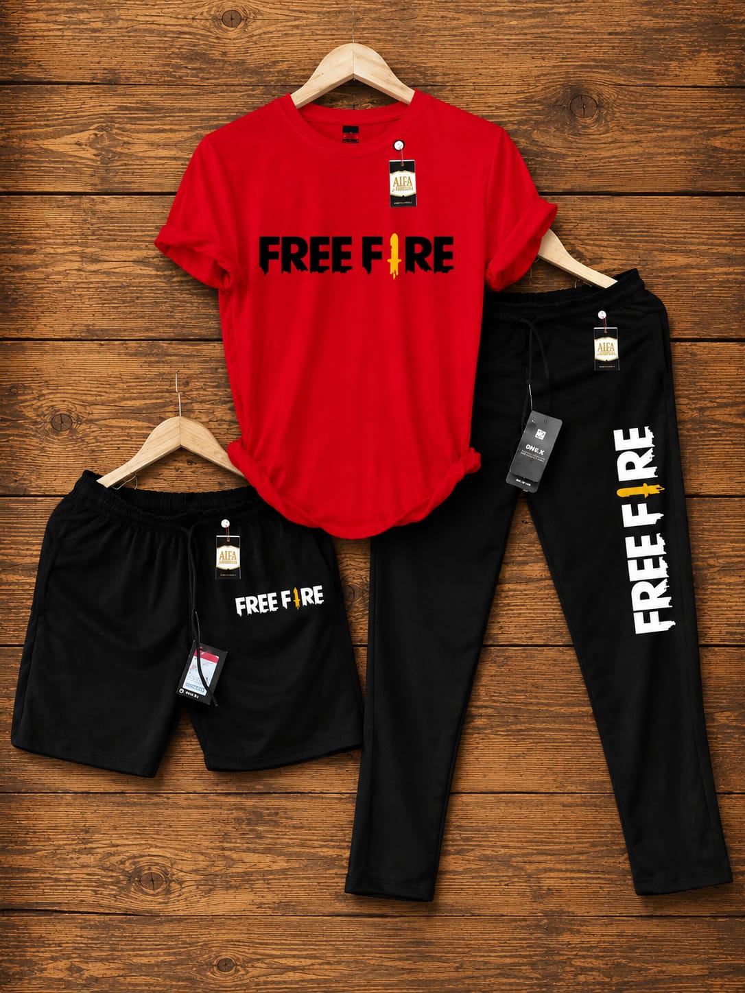 Premium Men’s Free Fire Gaming Tracksuit – 3-Piece Combo Set (T-Shirt, Trousers & Shorts)
