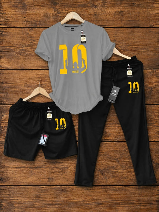 Men's Activewear Messi 10 Printed Three-Piece Set (Grey/Teal Crewneck, Black Joggers & Shorts) AZ-8881