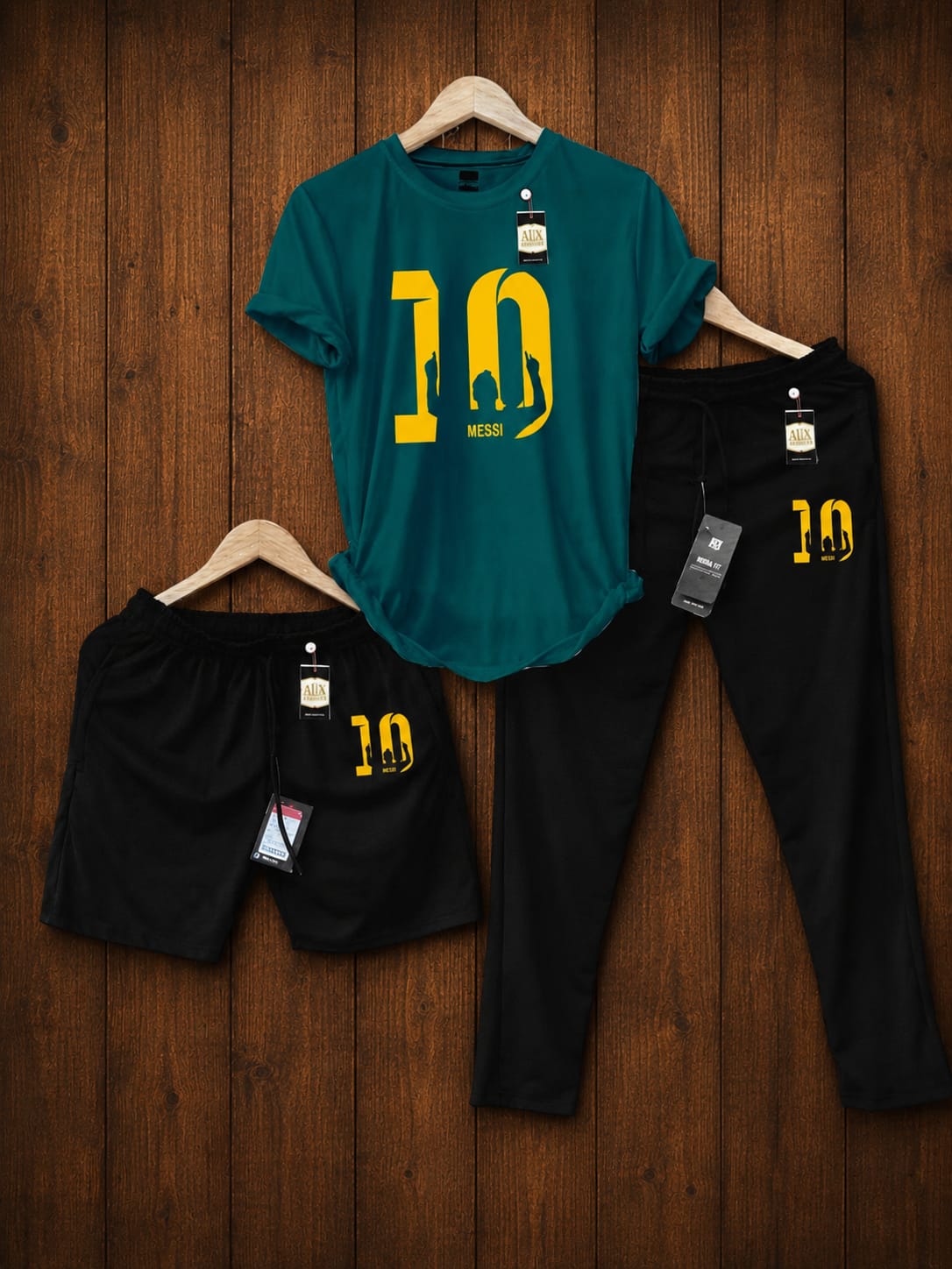 Men's Activewear Messi 10 Printed Three-Piece Set (Grey/Teal Crewneck, Black Joggers & Shorts) AZ-8881