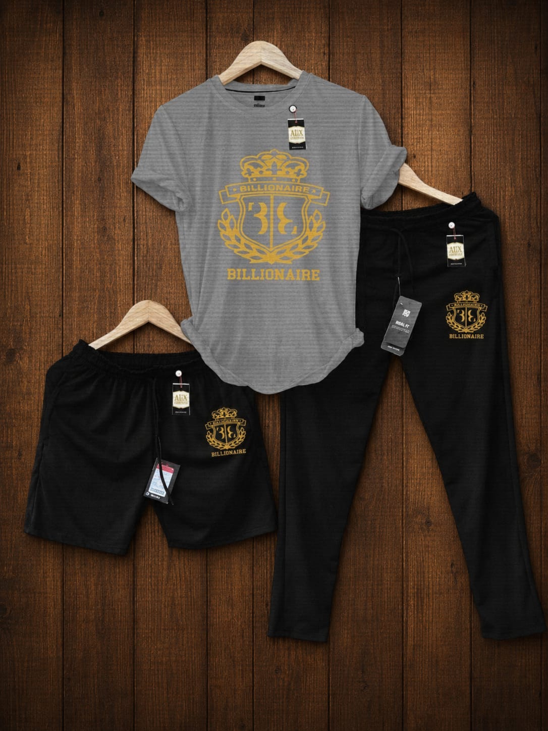 Premium Men’s Billionaire Crest Graphic 3-Piece Tracksuit – T-Shirt, Trousers & Shorts Set AZ-8886
