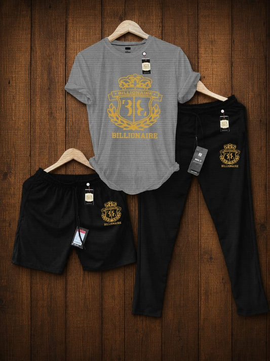 Premium Men’s Billionaire Crest Graphic 3-Piece Tracksuit – T-Shirt, Trousers & Shorts Set AZ-8886