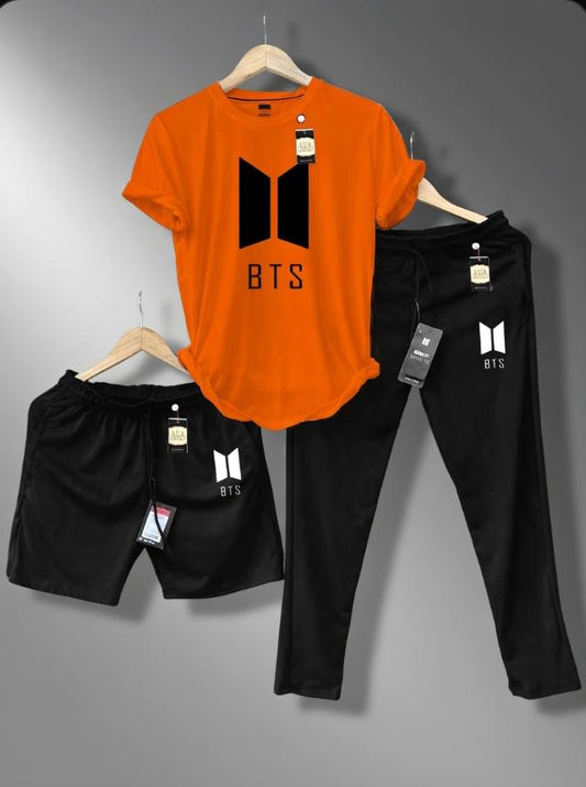 Premium Men’s BTS Graphic Printed 3-Piece Summer Tracksuit – T-Shirt, Trousers & Shorts Set AZ-8884