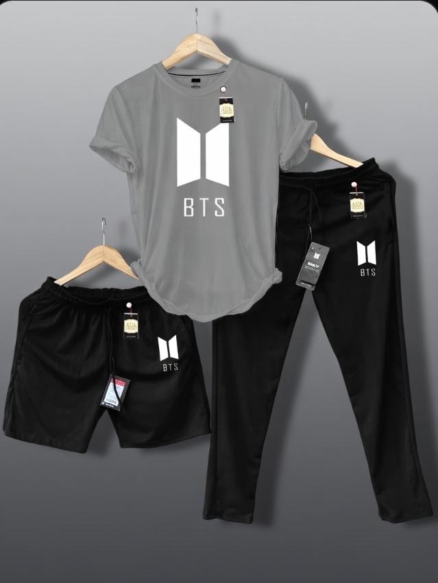 Premium Men’s BTS Graphic Printed 3-Piece Summer Tracksuit – T-Shirt, Trousers & Shorts Set AZ-8884