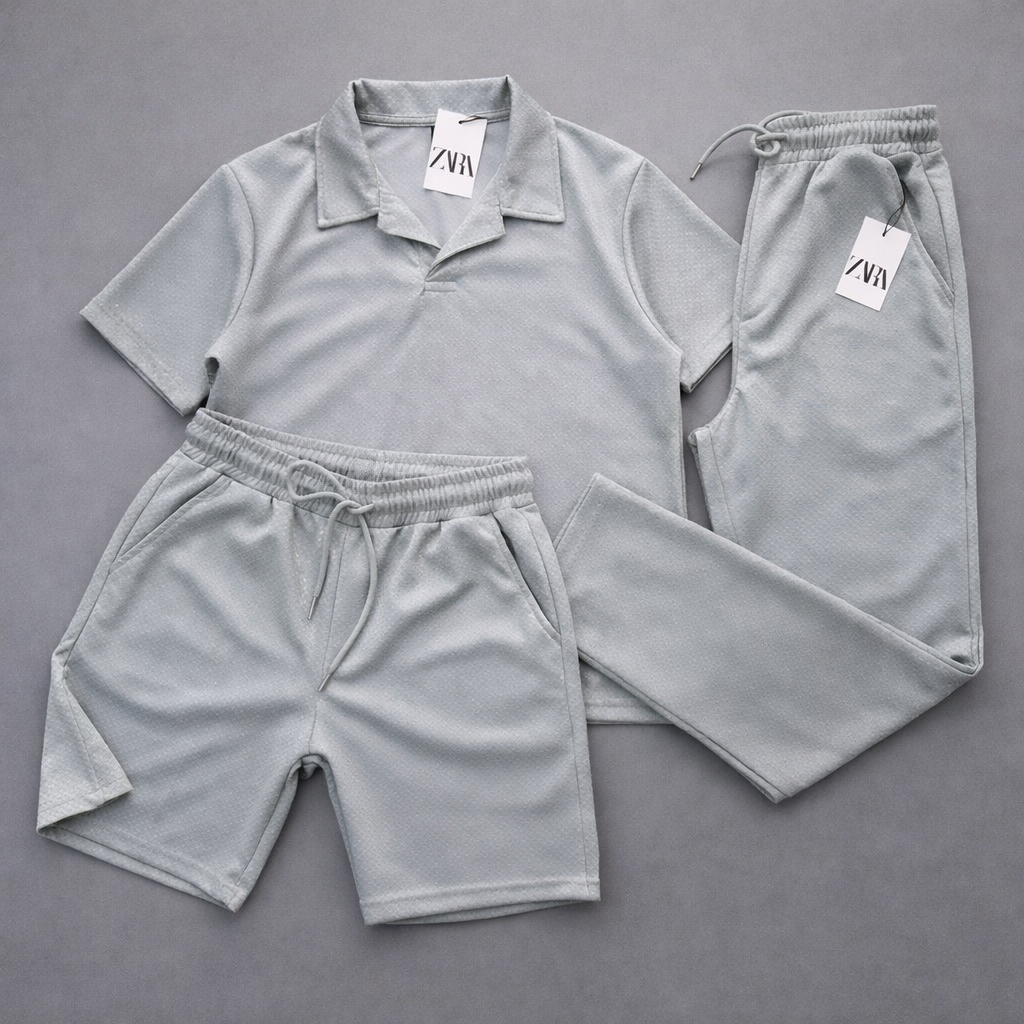 Zara Men’s 3-Piece Textured Summer Lounge Set – Polo Shirt, Joggers, and Shorts