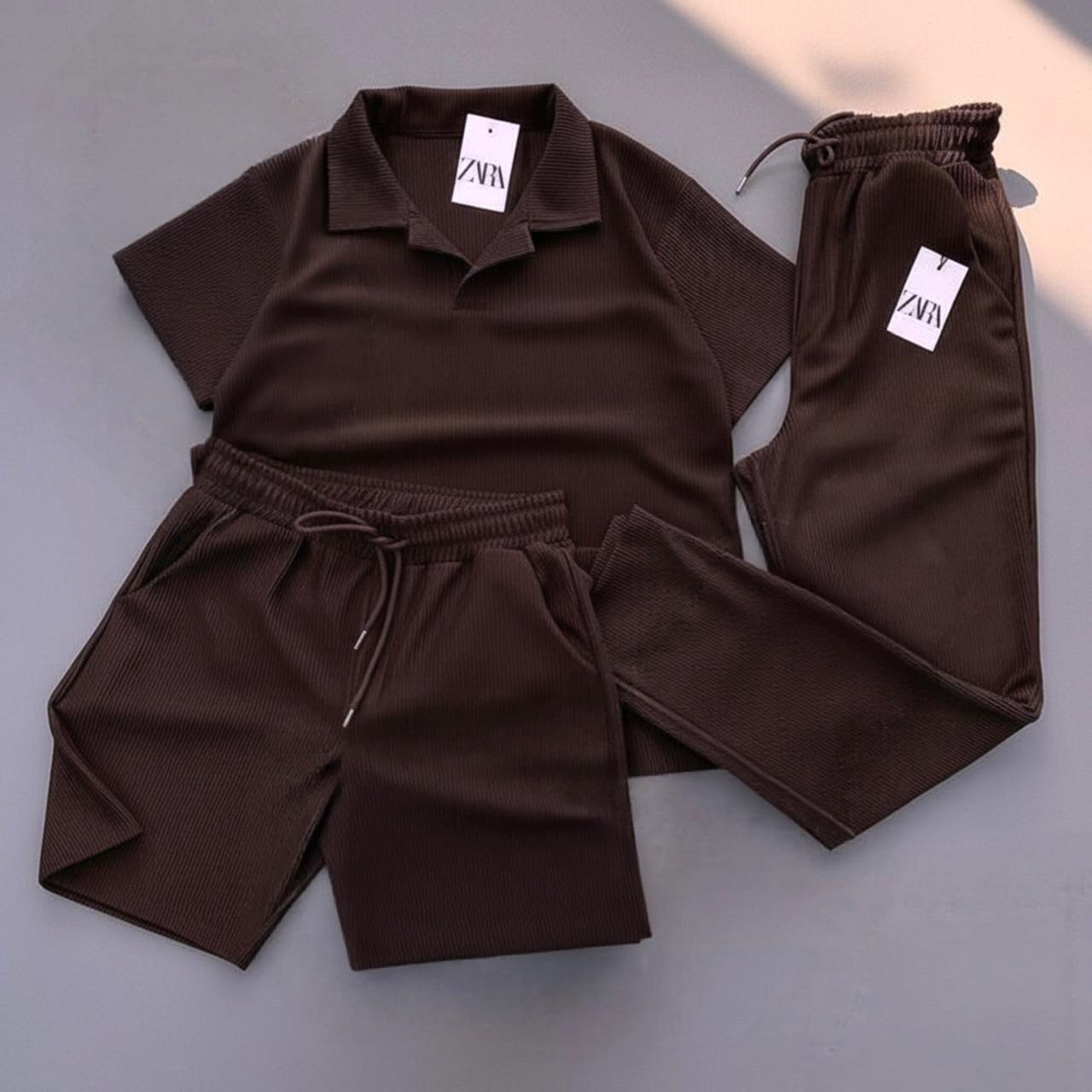 ZARA Men’s Textured Ribbed 3-Piece Co-ord Set – Espresso Brown