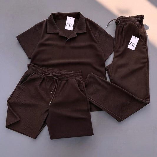 ZARA Men’s Textured Ribbed 3-Piece Co-ord Set – Espresso Brown