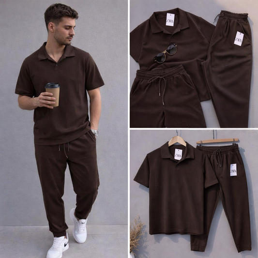 ZARA Men’s Textured Ribbed 3-Piece Co-ord Set – Espresso Brown