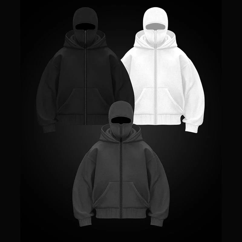 Oversized Full-Zip Balaclava Hoodie - Heavyweight Fleece Streetwear